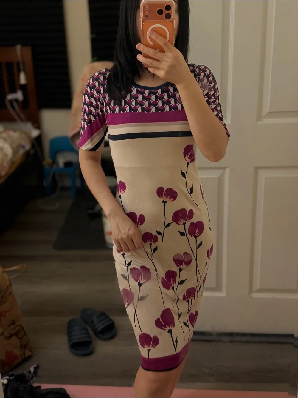 Tory Burch 100%silk Beige Midi Dress with Magenta Floral and Navy Trim